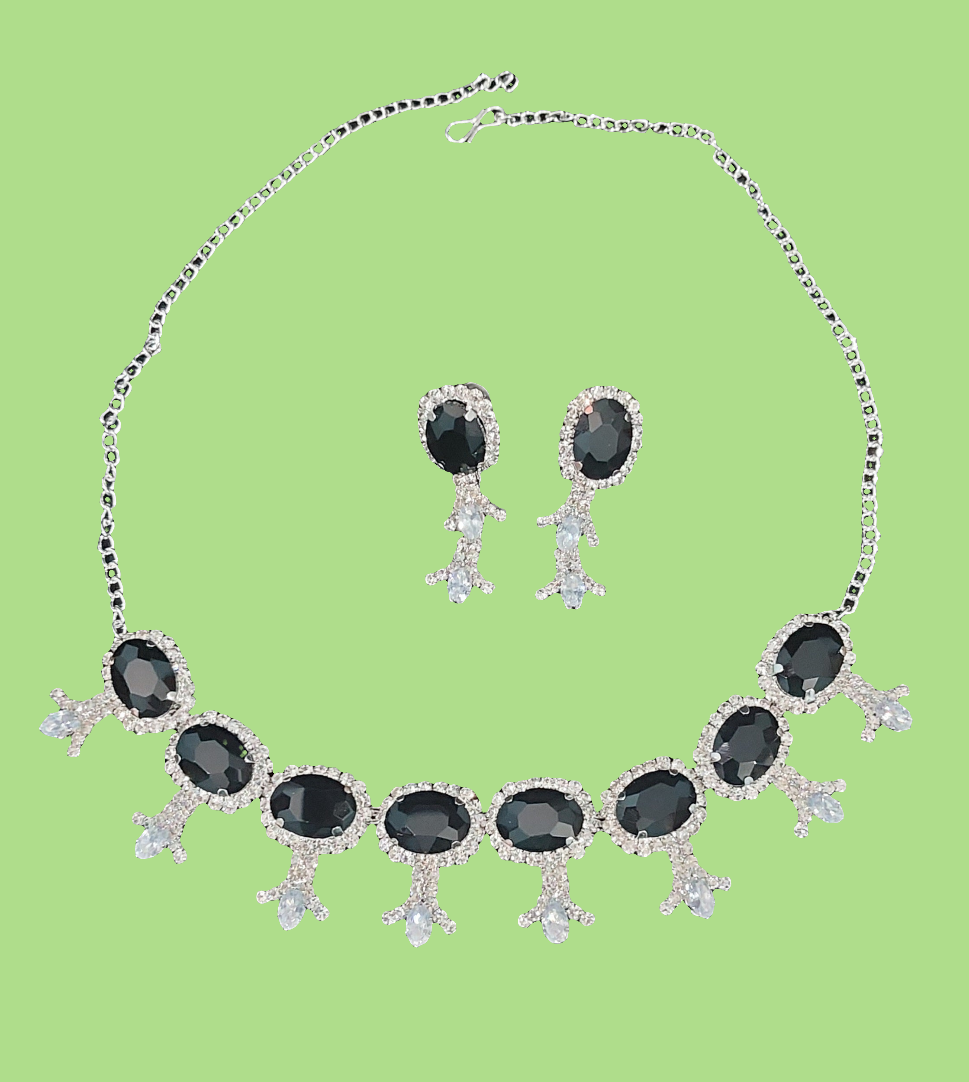 Silver AD stone crystal blck necklace & earrings