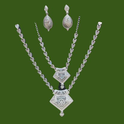 Silver AD stones layered necklace with matching earrings