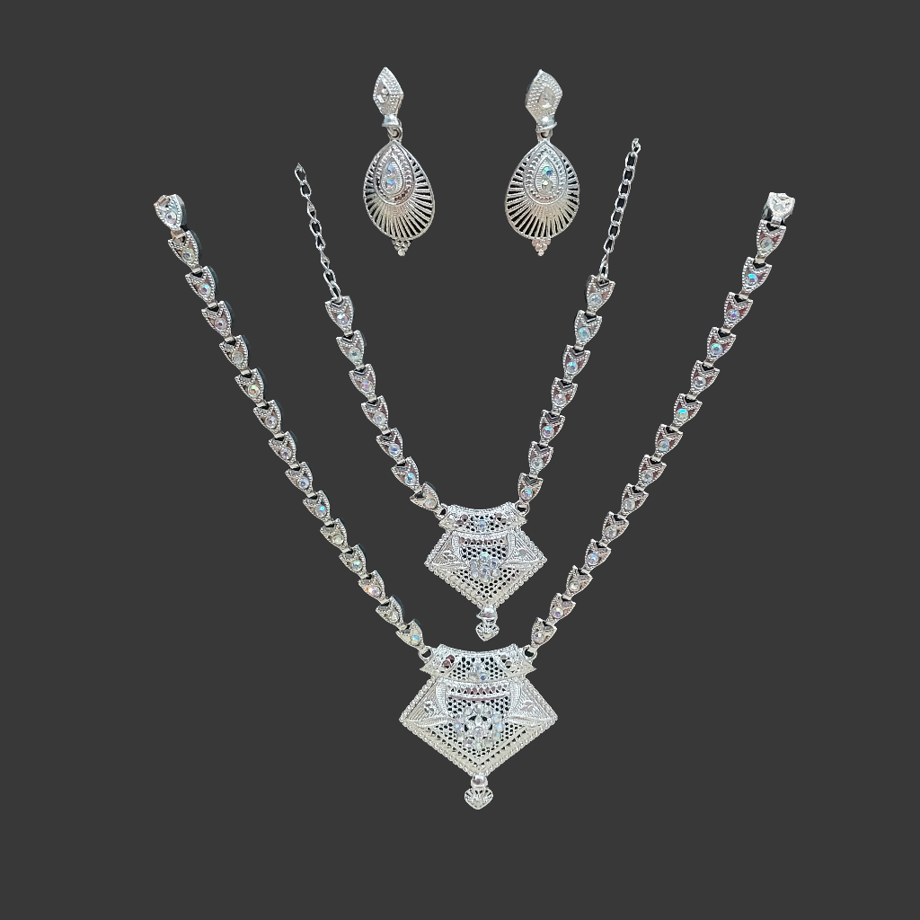 Silver AD stones layered necklace with matching earrings