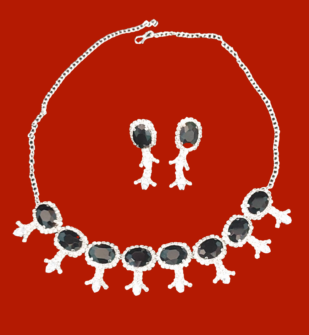 Silver AD stone crystal blck necklace & earrings