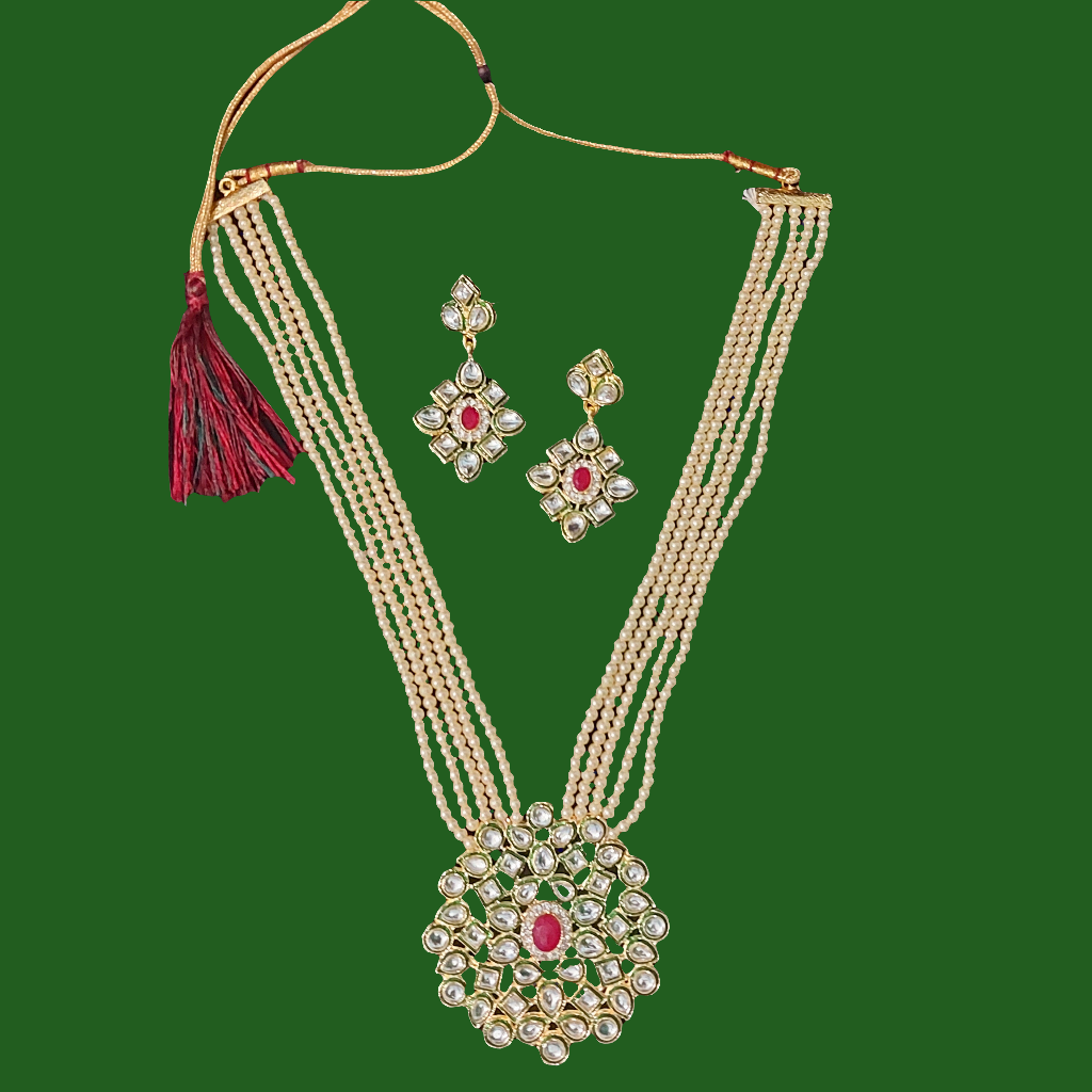 Kundan & off white  pearl beads long necklace & earrings