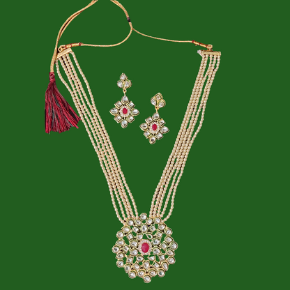 Kundan & off white  pearl beads long necklace & earrings