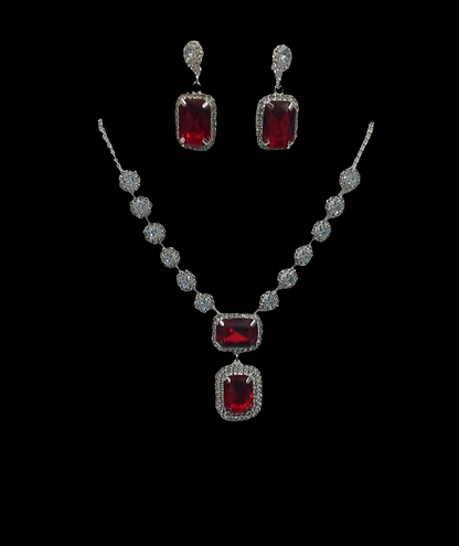 Silver AD stones red necklace & earrings