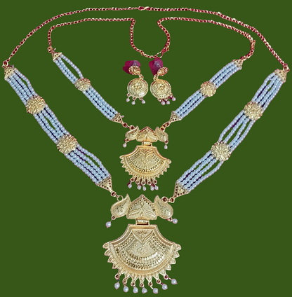 Pearl bead gold layered long necklace & earrings