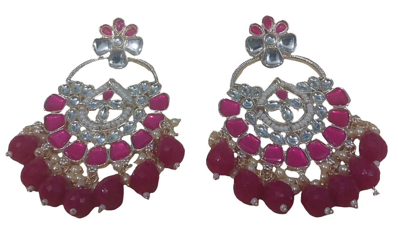 Rani pink chandbali silver monalisa stones & beads earring