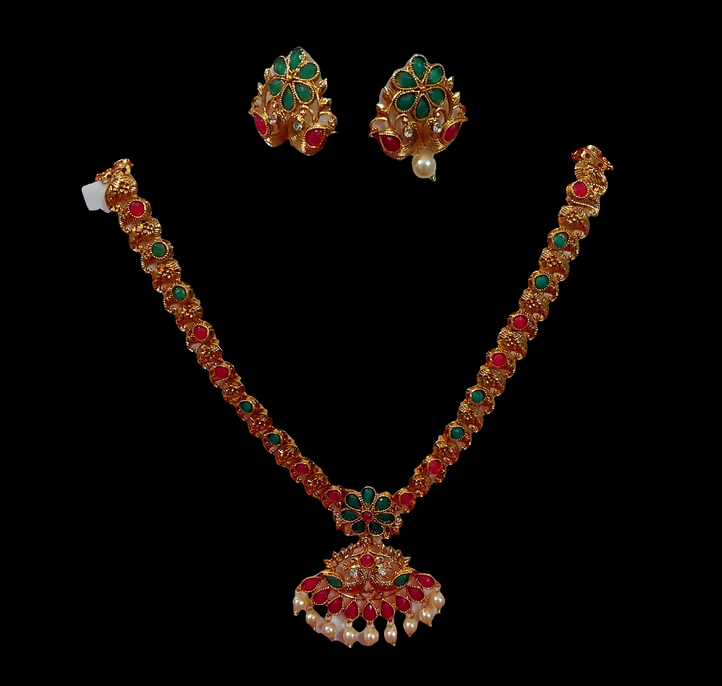 Matt finished kundan gold long  necklace & earrings