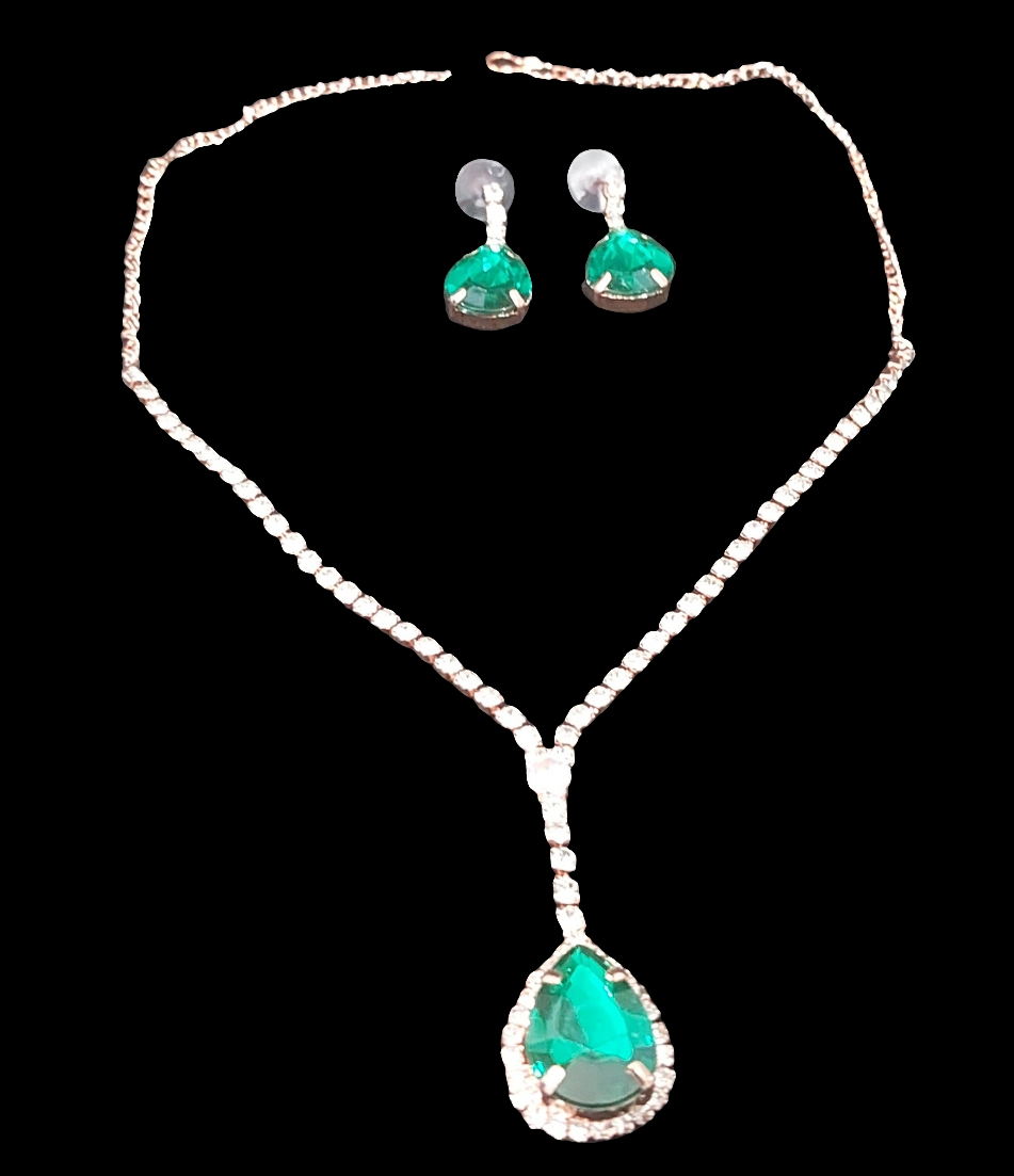 Rose-gold AD stones green necklace and earring