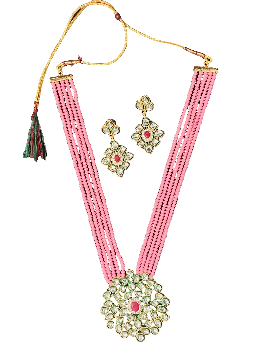 Kundan & crystal beads pink long necklace & earrings